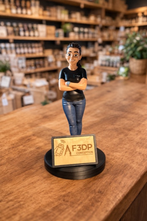 Figurine personnalisée NFC imprimée en 3D et peinte à la main, posée sur un comptoir de commerce